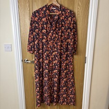 Toast Floral Tie Neck Midi Tea Dress Size Uk 14 Prairie Coral Slate 3/4 Sleeve