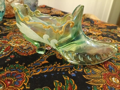 Fenton Green Hand Painted Willow & Swans Iridescent Large 7" Glass Shoe