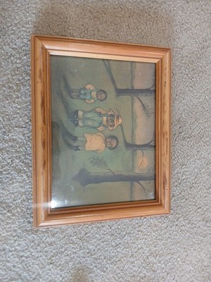 N Schneeman 3 Children Folk Art 1985 Tree Scene Framed Print ''Fraidy Cats''