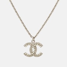 Chanel CC Crystal Faux Pearl Silver Tone Pendant Necklace