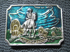 TALL IN THE SADDLE WAGON SCENE BELT BUCKLE VINTAGE RARE 1980s COWBOY COWGIRL