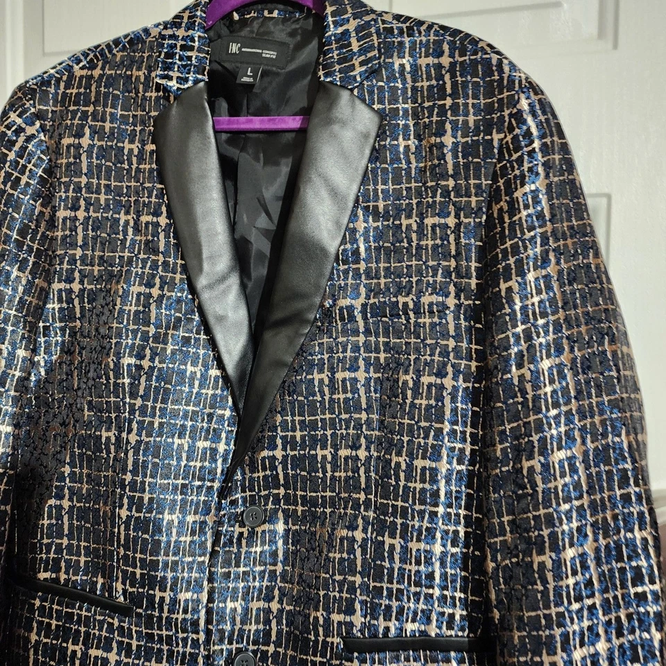 Chaqueta Blazer INC International Concepts Milan Calce Ajustado Metálica Azul Dorado Grande Foto 2 de 4
