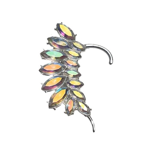 Ear Cuff Iridescent Rhinestones Silver Tone Crystal Leaf Statement Y2K Crawler