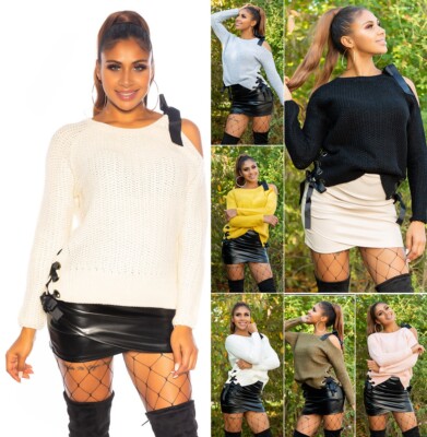 Koucla Damen Pullover One Shoulder Strickpullover Schnürung Milax