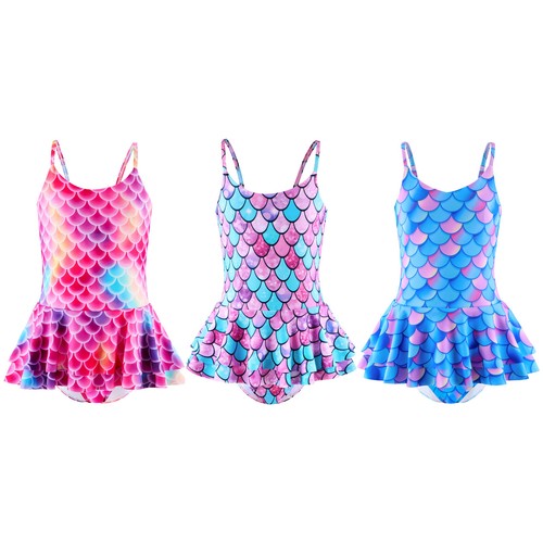 Kids Girls Swimmsuits Fish Scales Print Swimwear Tiered Skirt Bodysuit Mermaid - Picture 2 of 43