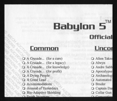 Babylon 5 CCG Crusade Edition Official Checklist From Booster Box of Cards M/NM Babylon 5 CCG Crusade Edition Official Checklist From Booster Box of Cards M/NM
