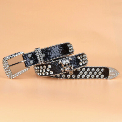 Skull Western Crystal Studded Belt Cowgirl Cowboy Rhinestone Belt For Women  Men