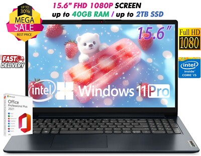 Lenovo Laptop 15.6'' FHD Intel i5-1235U Up to 40GB RAM & 2TB SSD Win11 Pro+OFFICE