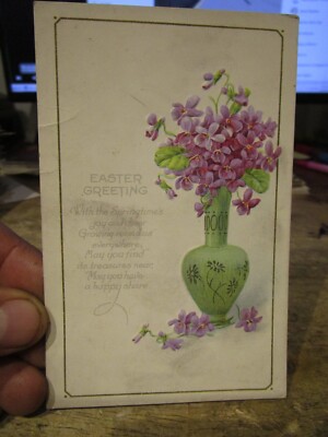Old Postcard Victorian Era HAPPY EASTER Purple Violet Flowers Green Vase Cheer
