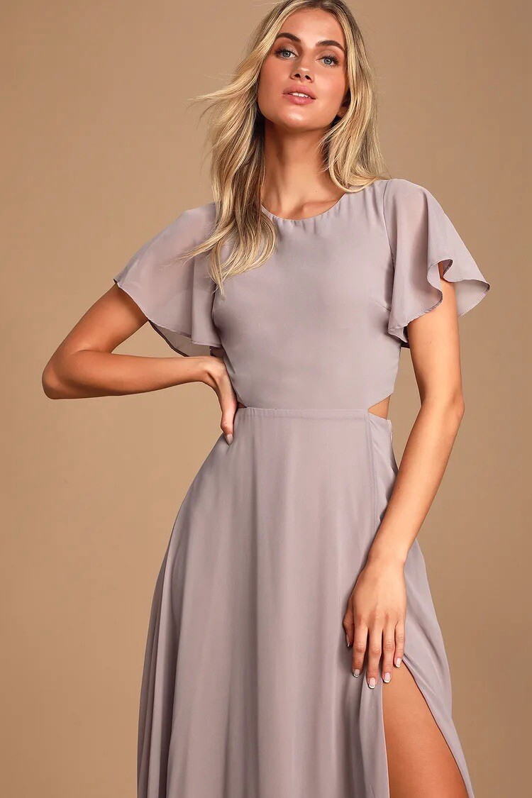 Lulus Garden Bliss Dusty Lavender Cutout Maxi Dress Short Sleeves Chiffon Sz M