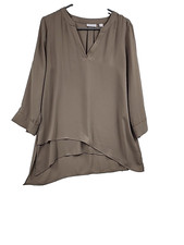 Women's Blouse M,   New York & Company, Asymmetrical Tiered Brown Shirt V-Neck