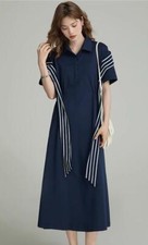 Fashion Casual Women's Lapel Stripe Short Sleeve Dress Loose Long Dresses