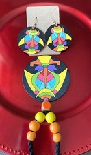 Wooden hand crafted colourful traditional necklace and earrings.
