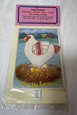 Vintage 1980 s Easter Card, New in Pkg, Hen on Nest, moving parts, NOS