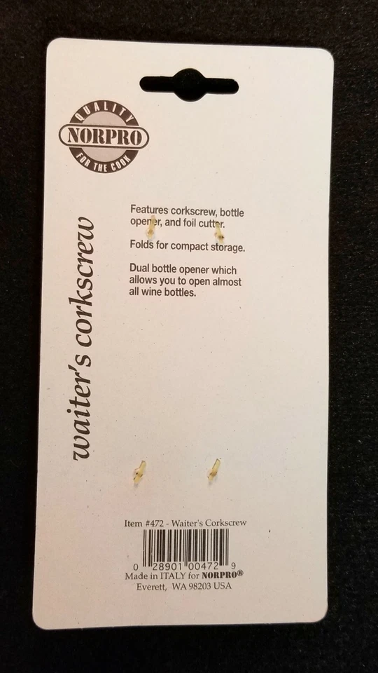 NORPRO Waiter's Corkscrew Chrome with Stainless Steel Knife #472 New In Package - Image 2 of 2