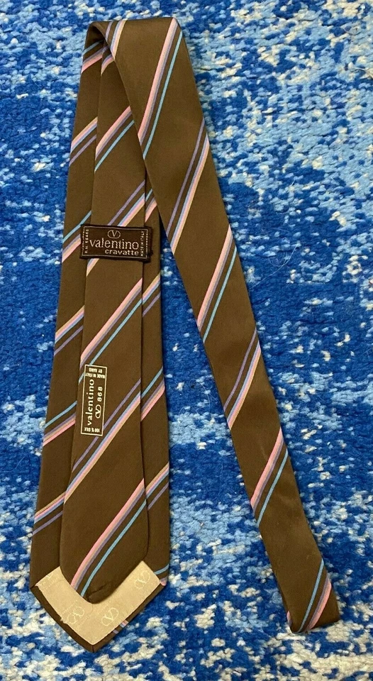Vintage Valentino Brown Pink Blue Purple Tan Bias Stripe Logo Silk Necktie Italy - Image 3 of 4