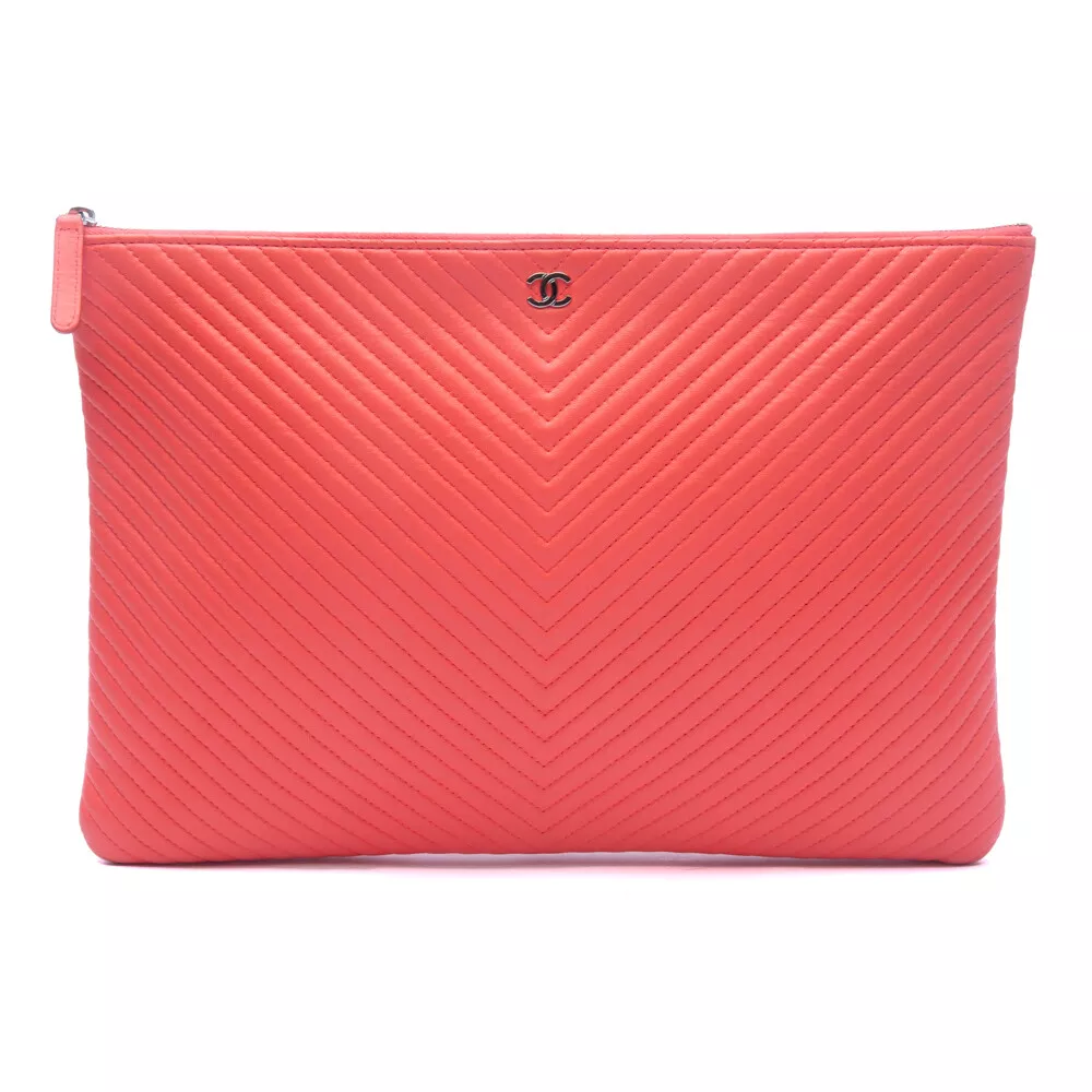 CHANEL Quilted Chevron Lambskin Leather Large O-Case Zip Pouch Clutch Bag  Coral