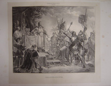 Très grande lithographie de PHILIPPE II AUGUSTE avant la bataille de BOUVINES