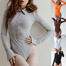 Women Long Sleeve Playsuit Bodysuit Leotard Tops Stretch Button Tee T Shirt