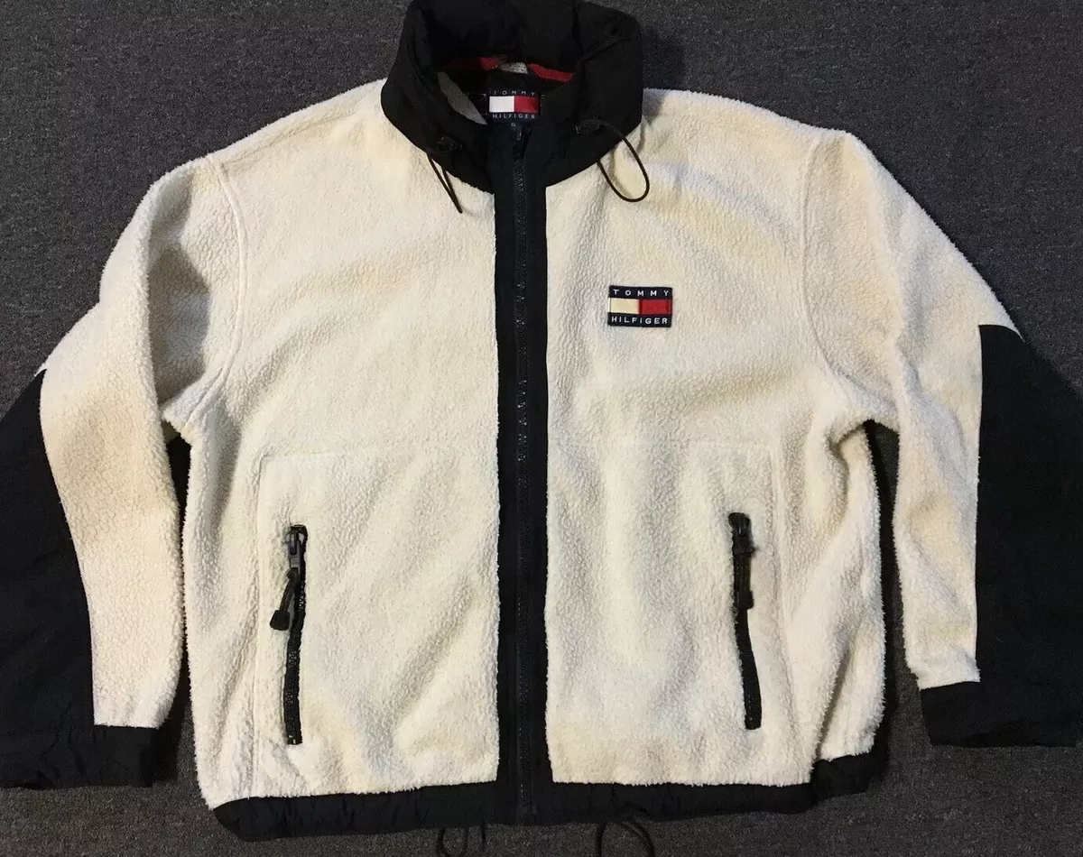 Vtg 90s Tommy Hilfiger Flag Deep Pile Fleece Jacket XL Cream Sport Sailing