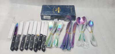 Evolve Rainbow Flatware Salad Dinner Forks Butter Steak Knives 48pc