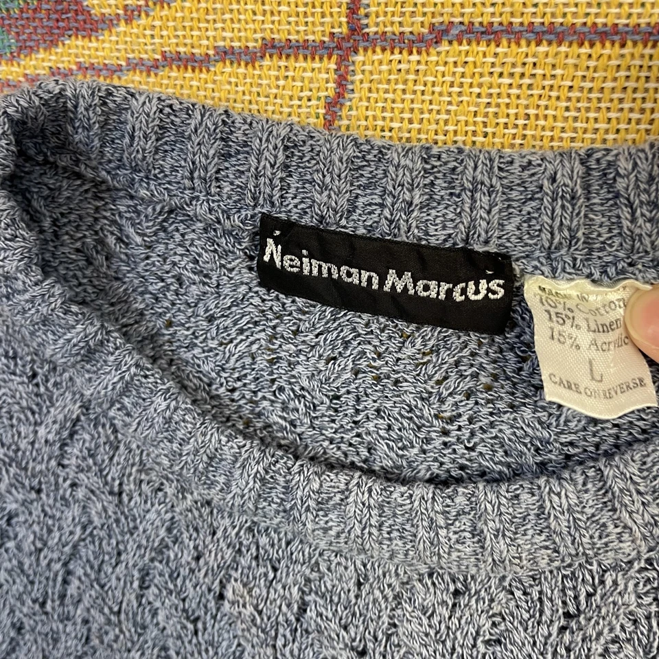 Vintage Neiman Marcus Sweater Men Large Gray Textured Knit Crewneck Cotton Blend - Image 2 of 4