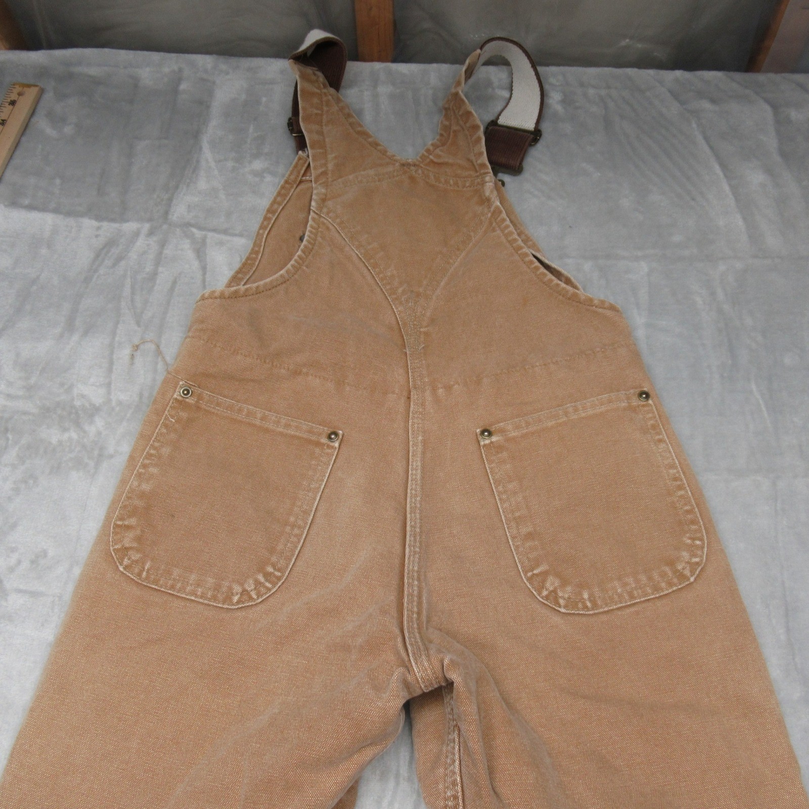 Carhartt Bib Overalls Kids 10-12 Beige Duck Canvas Double Knee Workwear 27x22 thumbnail 2
