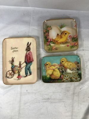 Two's Company Easter Decorative Trays Set 3 Bunny Chick Spring Decor(6''x6''x8.5'')