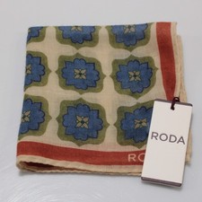 Roda NWT 100 Wool Pocket Square Orange / Ivory / Blue / Green Geometric Print