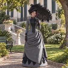 Victorian Striped Ball Gown Vintage Bustle Dress Gothic Period Costume for Event