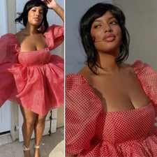 Selkie The Baby Gingham Puff Dress Sleeve Check Red Mini Princess Size L