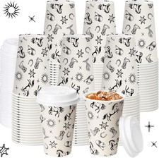100 Pieces Western Cowboy Cowgirl Disposable Paper Cups with 120 Lids 12oz