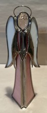 Vtg Stained Glass Praying Angel w Halo 6" Suncatcher Faceted Face 7 1/4"