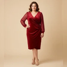 H Halston Red Velvet Wrap Midi Dress Mesh Sleeve Plus Size 2X