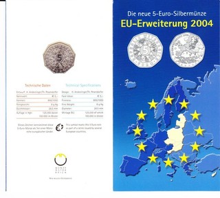 5€ 800er Silbermünze Österreich 2004 EU Erweiterung 2004