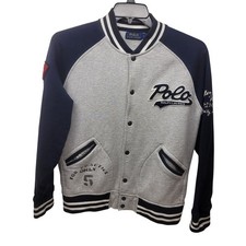 Polo Ralph Lauren Jacket Mens L Gray Navy Varsity Bomber Snap Front 1967 Patch