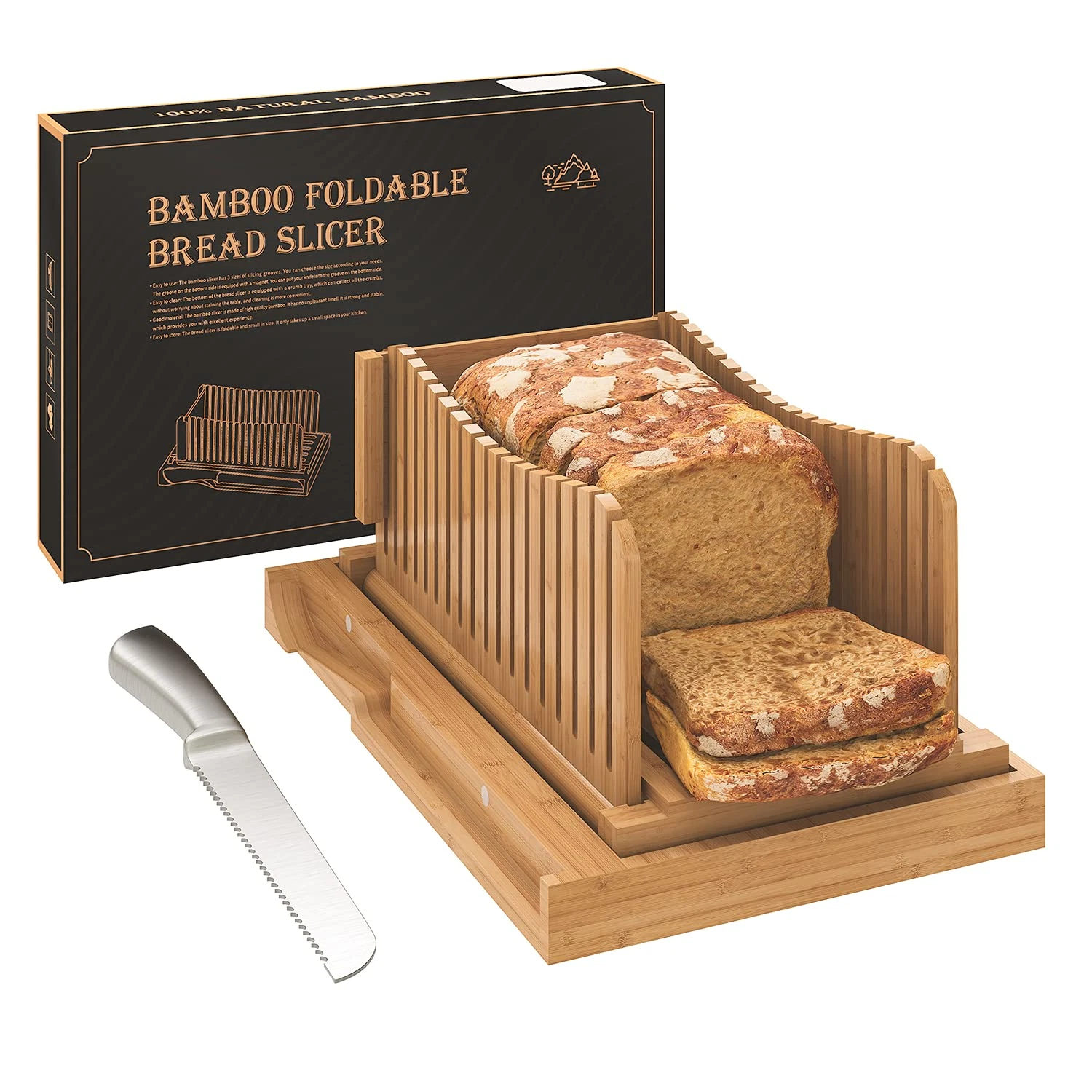 Vriccc Bamboo Bread Slicer with Serrated Knife, Adjustable Guide