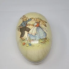 Vintage Fillable Paper Mache German Egg Dancing Bunnies Easter 10"