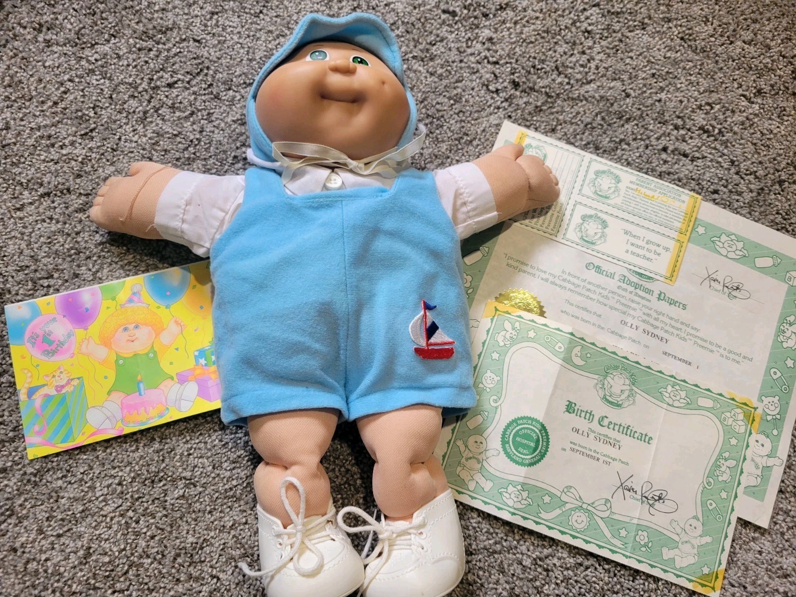 1986 Cabbage Patch Kids Preemies 14in Boy Doll Green Eyes Signed Papers
