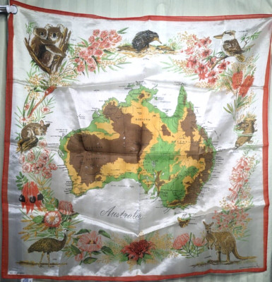 Vintage Australia Map & Animal Print Scarf by Heil  (75% Rayon 25% Nylon) JAPAN