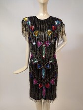 VINTAGE 1980 S COLORFUL SEQUIN HEART EVENING DRESS W DANGLING BEAD FRINGE