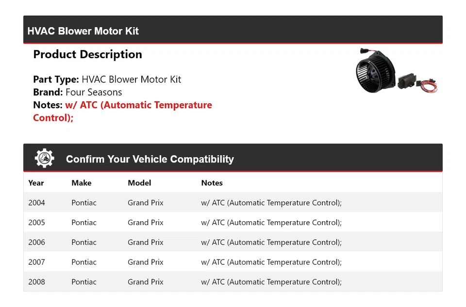 Kit de motor soplador de climatización para Pontiac Grand Prix 2004-2008 4 estaciones 2005 2006 2007 Foto 2 de 3