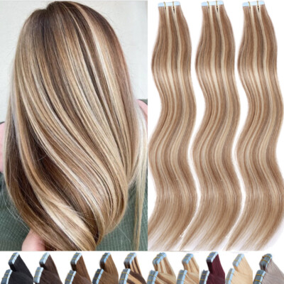 Tape Glue in Stick 100% Human Remy Hair Extension Skin Weft THICK White 20-60PCS