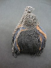 Antique Victorian Beaded Purse Bag Pouch Reticule Silver Zinc Clasp Black Seed