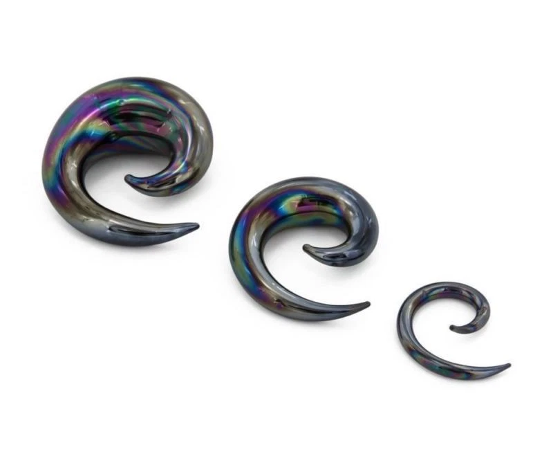 PAIR Tapers Spiral Glass Iridescent Black 10mm 00 Gauge Body