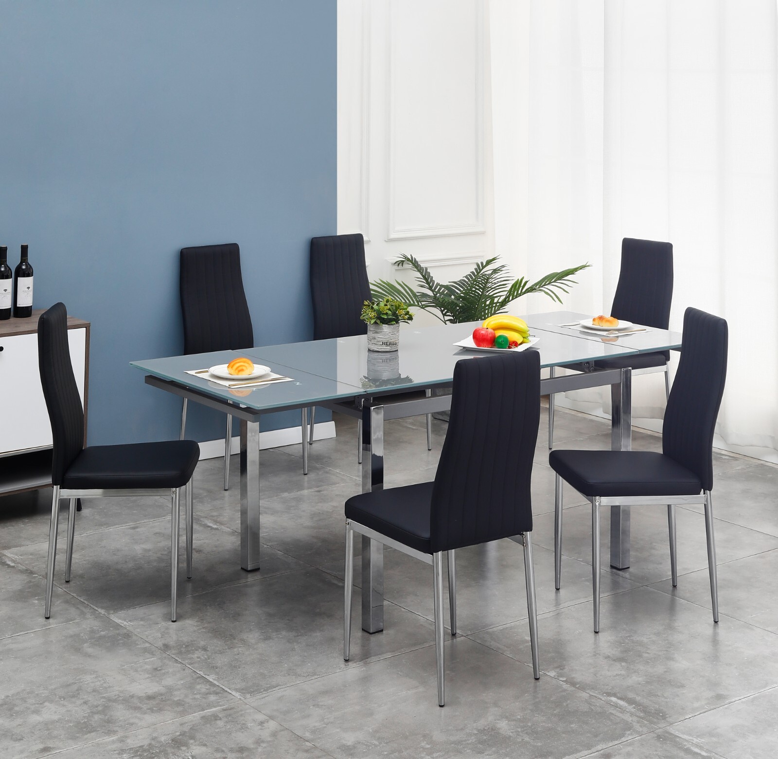 Grey Glass Extending Chrome Legs Dining Table Set with 6 Velvet Chairs eBay