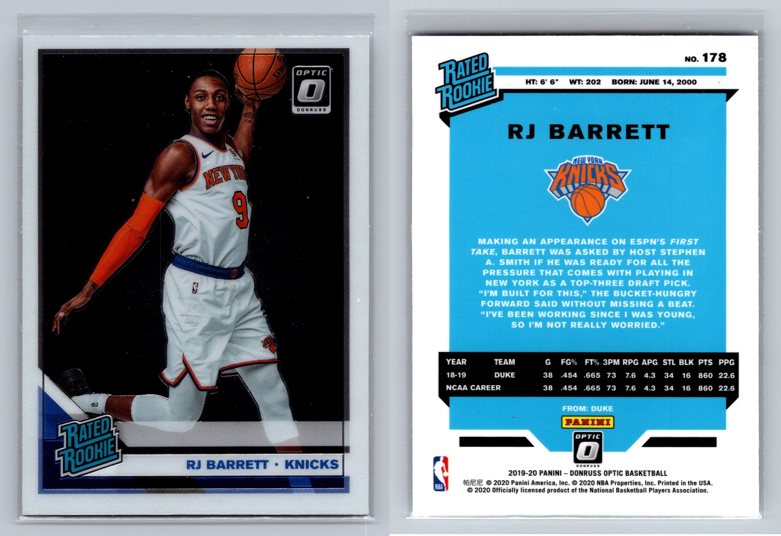 2019-20 Donruss Optic #178 RJ Barrett