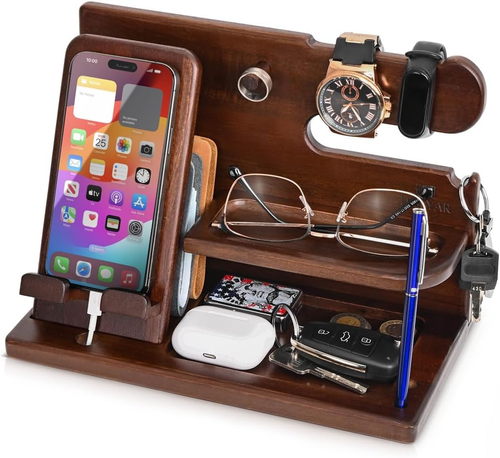 TESLYAR Wood Phone Docking Station for Men - Desk or Nightstand Organizer - Birt - Photo 10 sur 12
