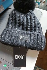 New DKNY Pom Pom Hat Beanie Black Knit  Fleece Lined Ribbed Women's One Size