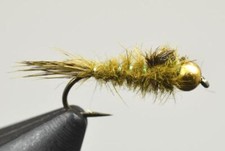 1 Dozen Bead Head Olive Gold Ribbed Hares Ear Nymph Fishing Flies